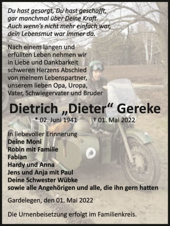 Traueranzeige von Dietrich ,,Dieter“ Gereke  von Magdeburger Volksstimme