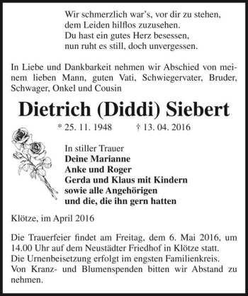 Traueranzeige von Dietrich (Diddi) Siebert  von Magdeburger Volksstimme