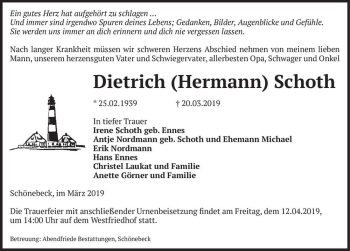 Traueranzeige von Dietrich (Hermann) Schoth  von Magdeburger Volksstimme