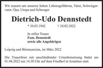 Traueranzeige von Dietrich-Udo Dennstedt  von Magdeburger Volksstimme