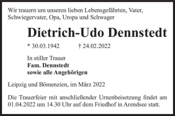Traueranzeige von Dietrich-Udo Dennstedt  von Magdeburger Volksstimme