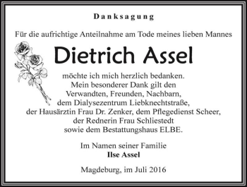 Traueranzeige von Dietrich Assel  von Magdeburger Volksstimme