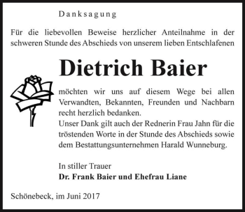 Traueranzeige von Dietrich Baier  von Magdeburger Volksstimme