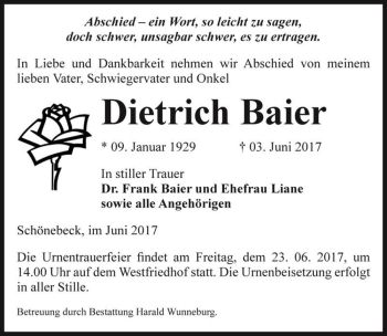 Traueranzeige von Dietrich Baier  von Magdeburger Volksstimme