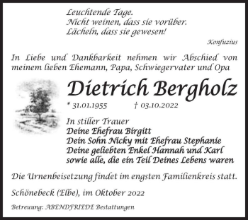 Traueranzeige von Dietrich Bergholz  von Magdeburger Volksstimme