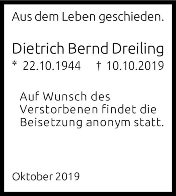 Traueranzeige von Dietrich Bernd Dreiling  von Magdeburger Volksstimme