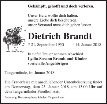 Traueranzeige von Dietrich Brandt  von Magdeburger Volksstimme