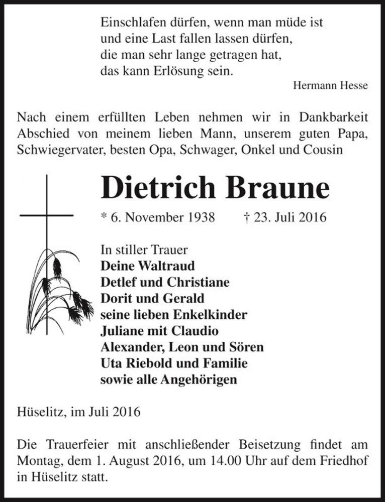  Traueranzeige für Dietrich Braune  vom 27.07.2016 aus Magdeburger Volksstimme