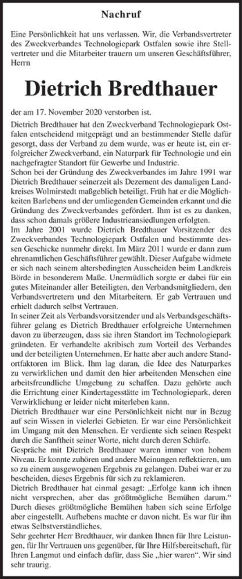 Traueranzeige von Dietrich Bredthaue  von Magdeburger Volksstimme