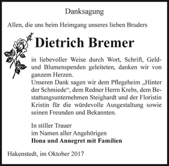 Traueranzeige von Dietrich Bremer  von Magdeburger Volksstimme
