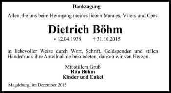Traueranzeige von Dietrich Böhm  von Magdeburger Volksstimme