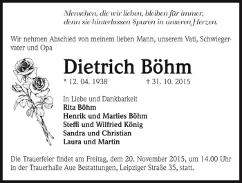 Traueranzeige von Dietrich Böhm  von Magdeburger Volksstimme