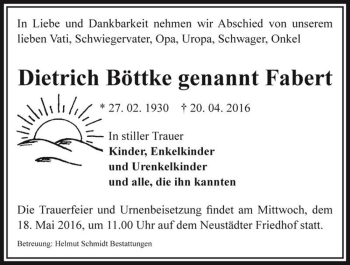 Traueranzeige von Dietrich Böttke (genannt Fabert)  von Magdeburger Volksstimme