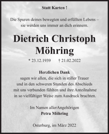 Traueranzeige von Dietrich Christoph Möhring  von Magdeburger Volksstimme