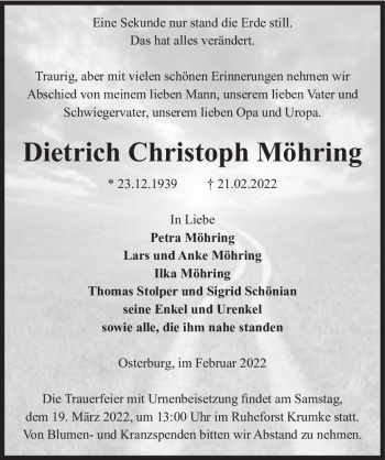 Traueranzeige von Dietrich Christoph Möhring  von Magdeburger Volksstimme