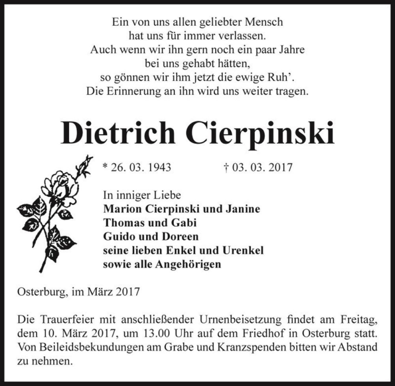  Traueranzeige für Dietrich Cierpinski  vom 07.03.2017 aus Magdeburger Volksstimme