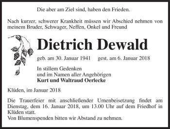 Traueranzeige von Dietrich Dewald  von Magdeburger Volksstimme