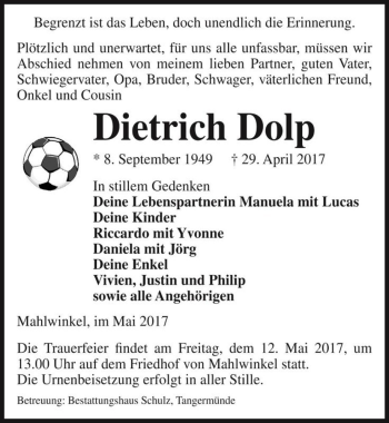 Traueranzeige von Dietrich Dolp  von Magdeburger Volksstimme