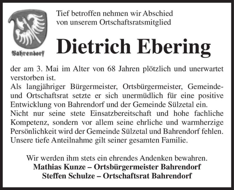  Traueranzeige für Dietrich Ebering  vom 22.05.2021 aus Magdeburger Volksstimme