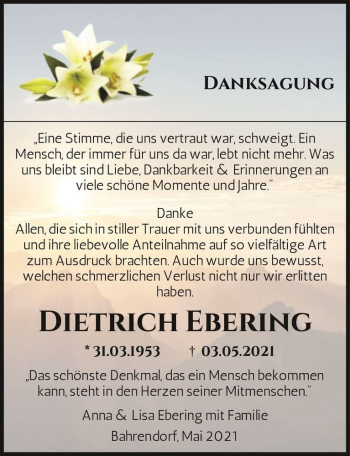 Traueranzeige von Dietrich Ebering  von Magdeburger Volksstimme