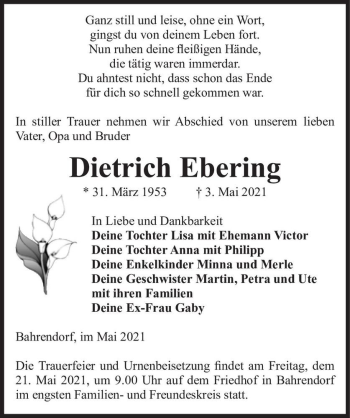 Traueranzeige von Dietrich Ebering  von Magdeburger Volksstimme
