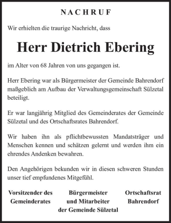 Traueranzeige von Dietrich Ebering  von Magdeburger Volksstimme