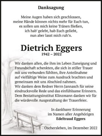 Traueranzeige von Dietrich Eggers  von Magdeburger Volksstimme