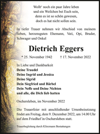 Traueranzeige von Dietrich Eggers  von Magdeburger Volksstimme