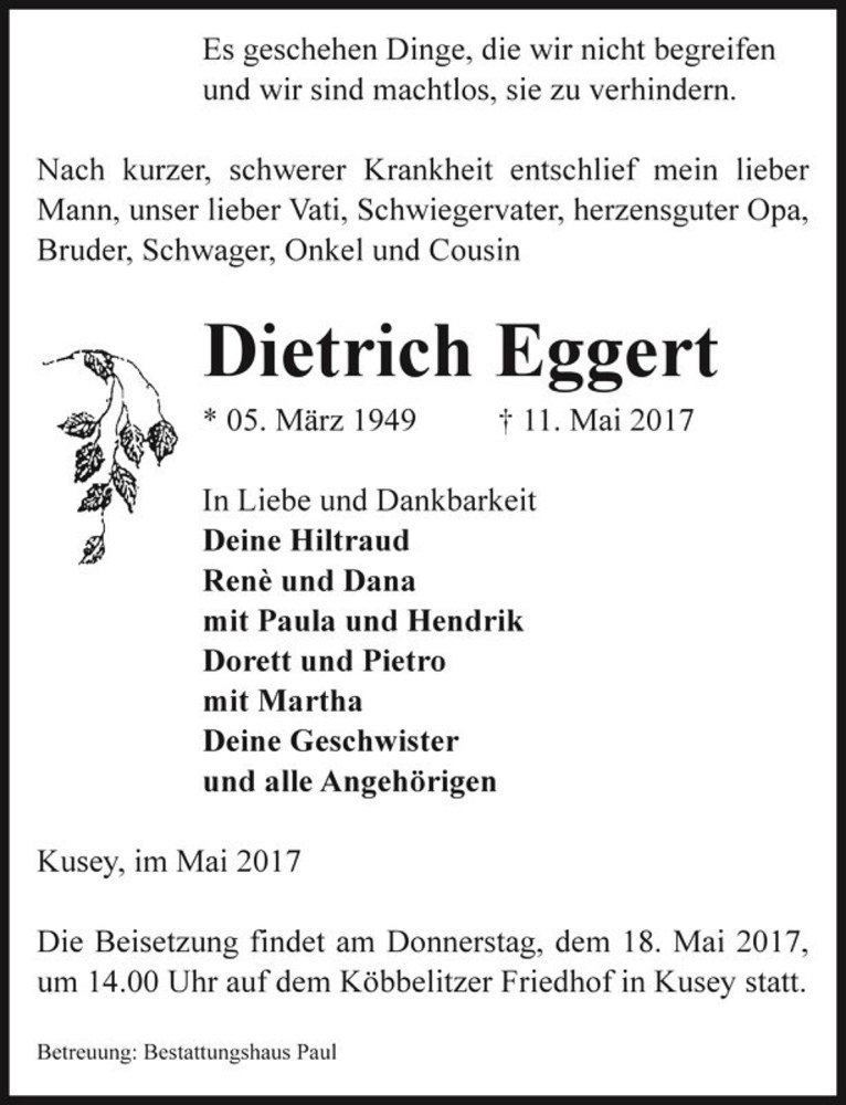  Traueranzeige für Dietrich Eggert  vom 13.05.2017 aus Magdeburger Volksstimme