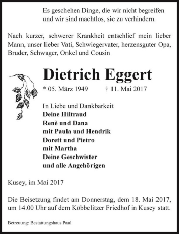 Traueranzeige von Dietrich Eggert  von Magdeburger Volksstimme