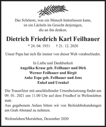 Traueranzeige von Dietrich Friedrich Karl Feilhauer  von Magdeburger Volksstimme