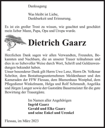 Traueranzeige von Dietrich Gaarz  von Magdeburger Volksstimme