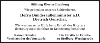 Traueranzeige von Dietrich Genscher  von Magdeburger Volksstimme