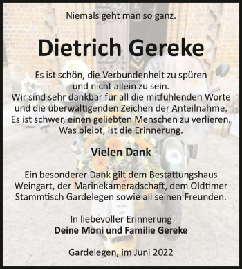 Traueranzeige von Dietrich Gereke  von Magdeburger Volksstimme