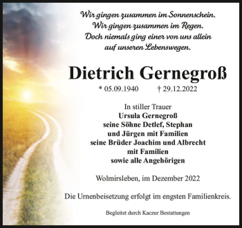 Traueranzeige von Dietrich Gernegroß  von Magdeburger Volksstimme