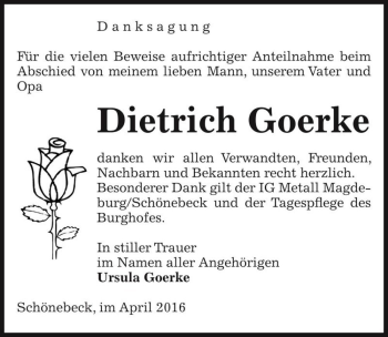 Traueranzeige von Dietrich Goerke  von Magdeburger Volksstimme