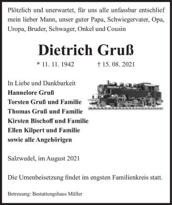 Traueranzeige von Dietrich Gruß  von Magdeburger Volksstimme