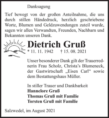 Traueranzeige von Dietrich Gruß  von Magdeburger Volksstimme