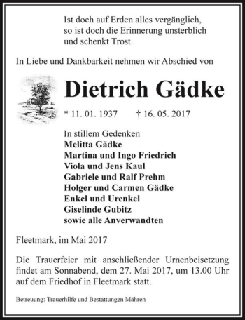 Traueranzeige von Dietrich Gädke  von Magdeburger Volksstimme