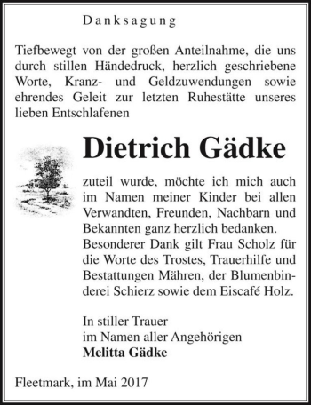 Traueranzeige von Dietrich Gädke  von Magdeburger Volksstimme