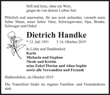 Traueranzeige von Dietrich Handke  von Magdeburger Volksstimme
