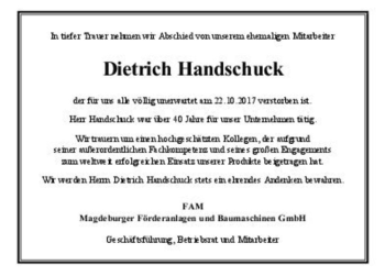 Traueranzeige von Dietrich Handschuck  von Magdeburger Volksstimme