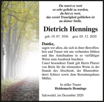 Traueranzeige von Dietrich Hennings  von Magdeburger Volksstimme