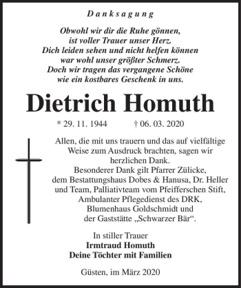 Traueranzeige von Dietrich Homuth  von Magdeburger Volksstimme