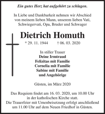 Traueranzeige von Dietrich Homuth  von Magdeburger Volksstimme