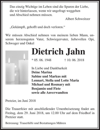 Traueranzeige von Dietrich Jahn  von Magdeburger Volksstimme