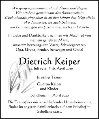 Traueranzeige von Dietrich Keiper  von Magdeburger Volksstimme
