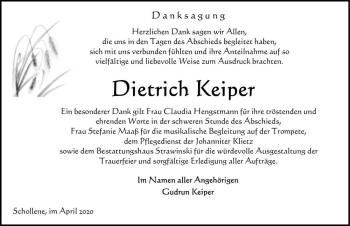 Traueranzeige von Dietrich Keiper  von Magdeburger Volksstimme