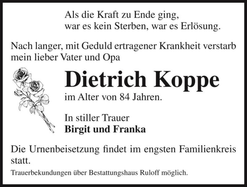  Traueranzeige für Dietrich Koppe  vom 21.10.2015 aus Magdeburger Volksstimme