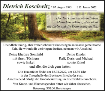 Traueranzeige von Dietrich Koschwitz  von Magdeburger Volksstimme